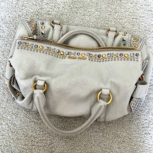 Miu Miu Beige Leather Studded Bow Satchel